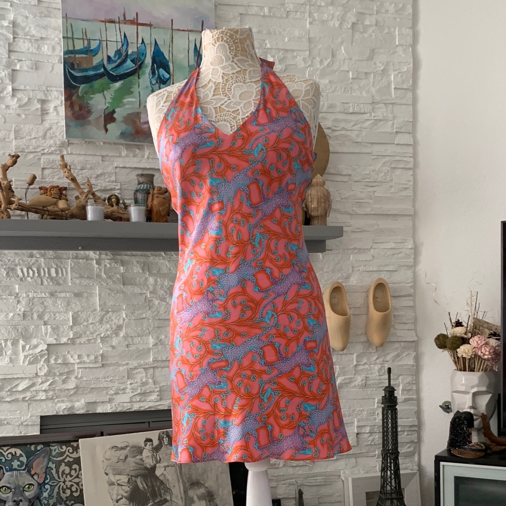 Pink House Mustique Silk Halter Mini Dress Pink Blue Leopard Print Resort Small